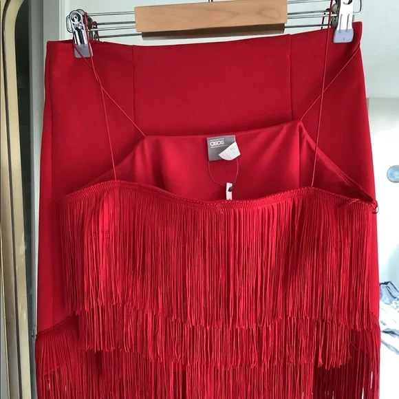 ASOS Design Tall two-piece fringe crop top and mini skirt in red with tags - Picture 1 of 5